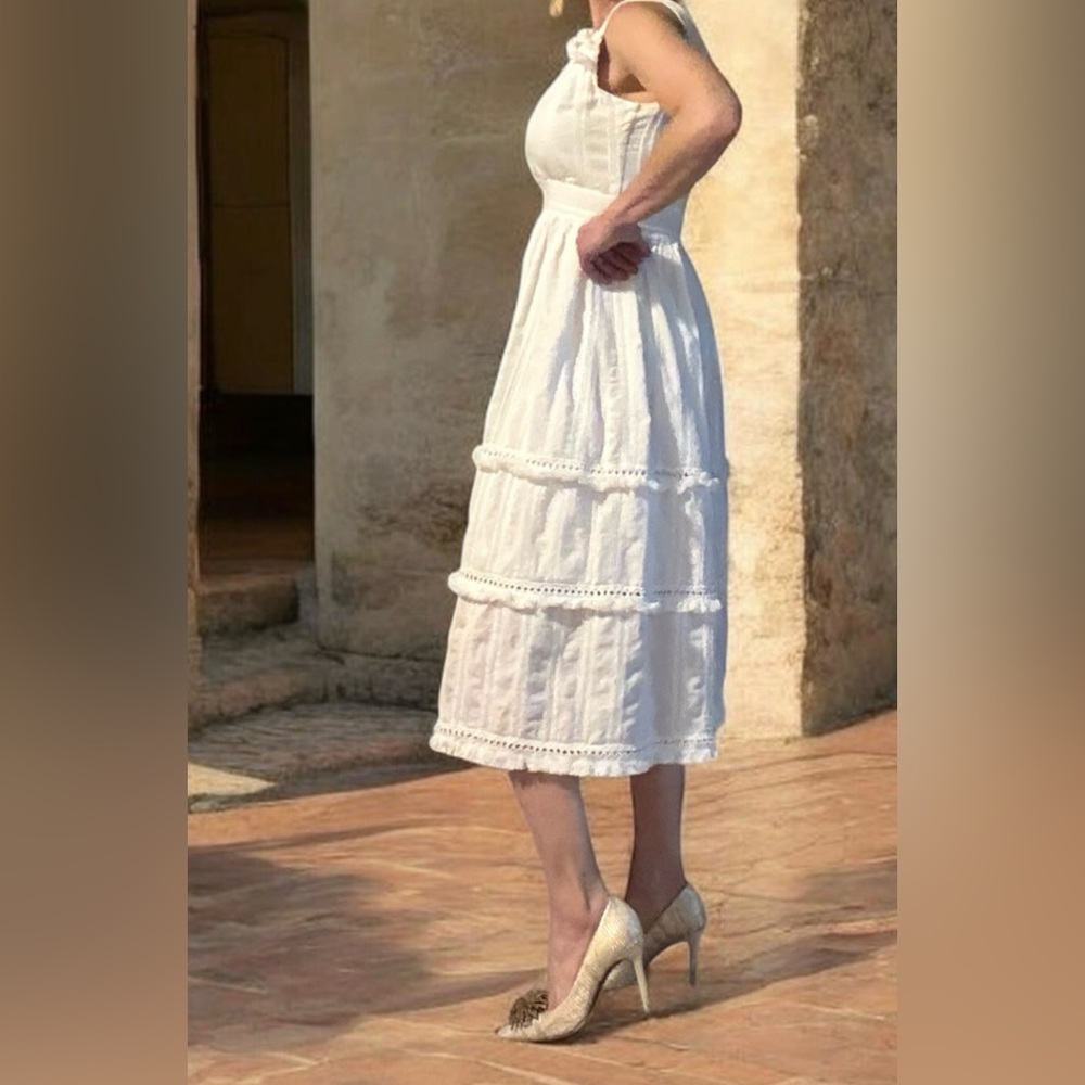 Ellison White Tiered Eyelet Midi Dress